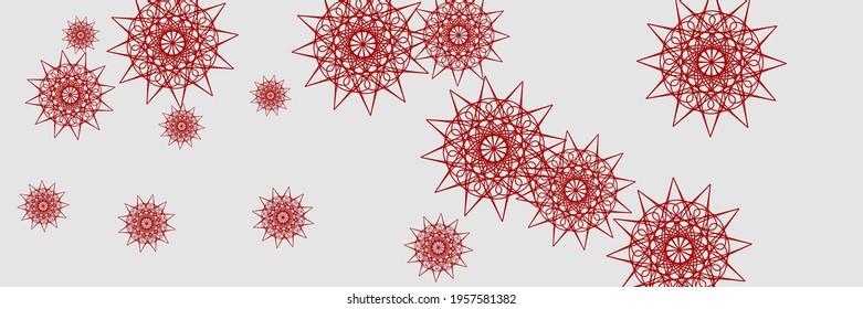 Horizontal Holiday Christmas Red Wallpaper. Red Ornamental Santa Bright Stars Sky Background. Winter Silver New Year Snowflakes Mandala Design Pic. Grey Chaotic Print White Snow Pattern.
