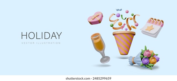 Horizontal holiday concept on blue background. Banner with festive realistic elements