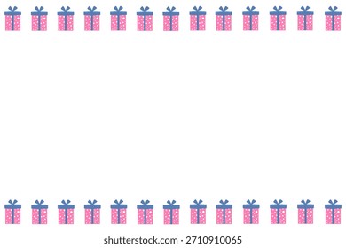 Horizontal marco de vacaciones. Cajas rosas festivas con cinta azul. Tarjeta de felicitación. Navidades, Año Nuevo, Feliz Cumpleaños. Diseño de Vector plano.
