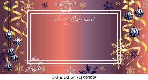 Horizontal holiday illustration, congratulation on Christmas. Christmas decoration and congratulations with Christmas balls and snowflakes. Christmas card. New Year's art.