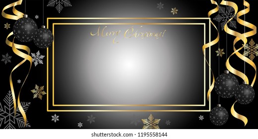 Horizontal holiday illustration, congratulation on Christmas. Christmas decoration and congratulations with Christmas balls and snowflakes. Christmas card. New Year's art.