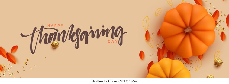 Horizontal holiday poster Thanksgiving day. Festive background with realistic 3d orange pumpkins, fall foliage. Banner, header for website. Flat top view. Vector illustration