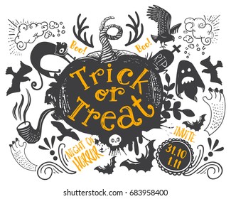 Horizontal holiday quote design with pumpkin vector illustration. Happy Halloween and Trick or treat lettering inspirational Quote. Unique design element for poster, banner, T-shirt. Party invitation