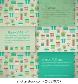 Horizontal holidays banners with presents, gift boxes in flat style. Vector illustration