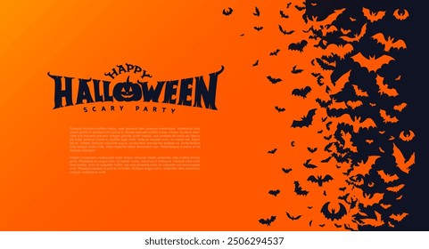 Horizontal holidays Halloween banner, poster with black bats on the orange, yellow background. Halloween background with swarm of bats on orange sky. Vector Illustration with a place for text.