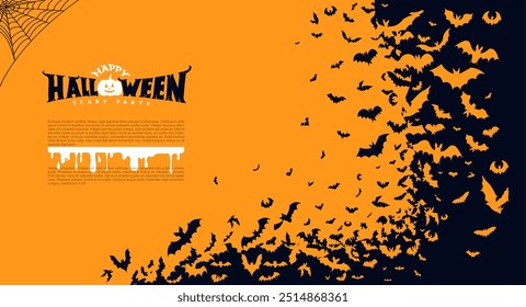 Horizontal holidays Halloween banner, poster with black bats on the orange, yellow background. Halloween background with swarm of bats on orange sky. Vector Illustration with a place for text.