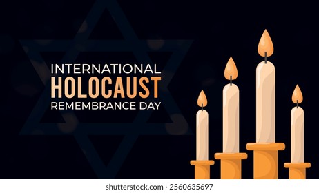 Horizontal Holocaust Remembrance Day on dark background.Web banner design with lit candles and David's star.