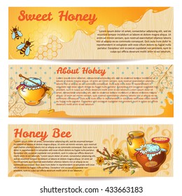 Horizontal honey banner set with headlines sweet honey about honey and honey bee vector illustration