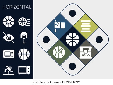horizontal icon set. 13 filled horizontal icons.  Collection Of - Basketball, Microwave, Blind, Center alignment, China