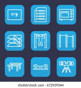 Horizontal icon. set of 9 outline horizontal icons such as level ruler, bar   tightening, blinds, paper, microwave, blackboard x+y
