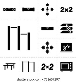 Horizontal icons. set of 13 editable filled horizontal icons such as level ruler, man move, blackboard, horizontal bar, blinds, microwave