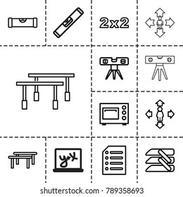 Horizontal icons. set of 13 editable outline horizontal icons such as level ruler, man move, blackboard, horizontal bar, blinds, paper, microwave