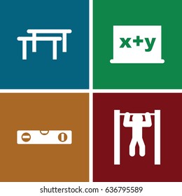 Horizontal icons set. set of 4 horizontal filled icons such as level ruler, bar   tightening, blackboard x+y