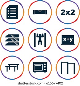 Horizontal icons set. set of 9 horizontal filled icons such as level ruler, bar   tightening, blinds, paper, microwave, blackboard, blackboard x+y