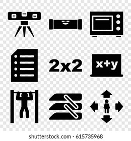 Horizontal icons set. set of 9 horizontal filled icons such as level ruler, man move, bar   tightening, blinds, paper, microwave, blackboard