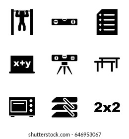 Horizontal icons set. set of 9 horizontal filled icons such as level ruler, bar   tightening, blinds, paper, microwave, blackboard, blackboard x+y
