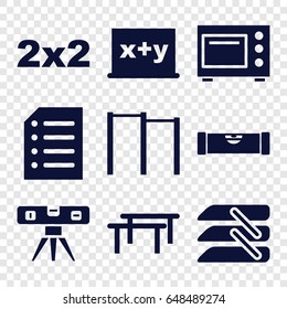 Horizontal icons set. set of 9 horizontal filled icons such as level ruler, blinds, paper, microwave, blackboard, blackboard x+y