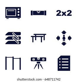 Horizontal icons set. set of 9 horizontal filled icons such as level ruler, man move, blinds, paper, microwave, blackboard