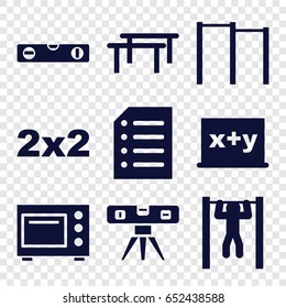 Horizontal icons set. set of 9 horizontal filled icons such as level ruler, bar   tightening, paper, microwave, blackboard, blackboard x+y