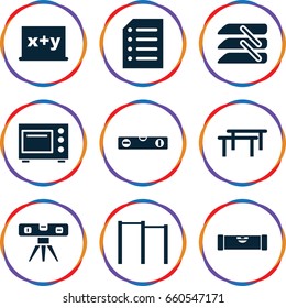 Horizontal icons set. set of 9 horizontal filled icons such as level ruler, blinds, paper, microwave, blackboard x+y