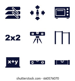 Horizontal icons set. set of 9 horizontal filled icons such as level ruler, man move, blinds, microwave, blackboard, blackboard x+y