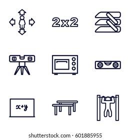horizontal icons set. Set of 9 horizontal outline icons such as man move, level ruler, bar   tightening, blinds, microwave, blackboard, blackboard x+y