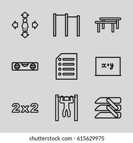 Horizontal icons set. set of 9 horizontal outline icons such as man move, level ruler, bar   tightening, blinds, paper, blackboard, blackboard x+y