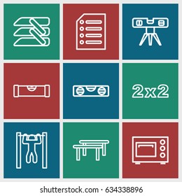 Horizontal icons set. set of 9 horizontal outline icons such as level ruler, bar   tightening, blinds, paper, microwave, blackboard