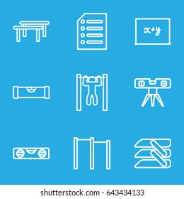 Horizontal icons set. set of 9 horizontal outline icons such as level ruler, bar   tightening, blinds, paper, blackboard x+y