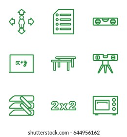 Horizontal icons set. set of 9 horizontal outline icons such as man move, level ruler, blinds, paper, microwave, blackboard, blackboard x+y