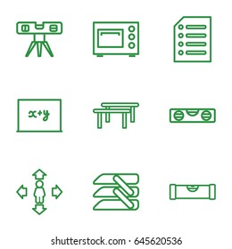 Horizontal icons set. set of 9 horizontal outline icons such as level ruler, man move, blinds, paper, microwave, blackboard x+y