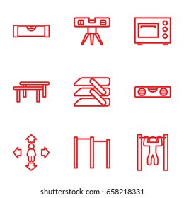Horizontal icons set. set of 9 horizontal outline icons such as level ruler, man move, bar   tightening, blinds, microwave
