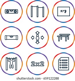 Horizontal icons set. set of 9 horizontal outline icons such as level ruler, man move, bar   tightening, paper, blackboard, blackboard x+y