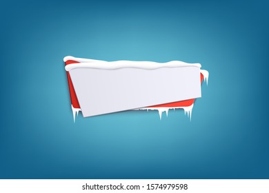 Horizontal icy christmas winter red banner with snowdrifts 3d realistic vector illustration on blue background. Template for advertising or promotional season design.