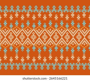 Horizontal ikat border pattern featuring alternating geometric bands in warm summer colors. Perfect for apparel, digital prints, or textile wraps.