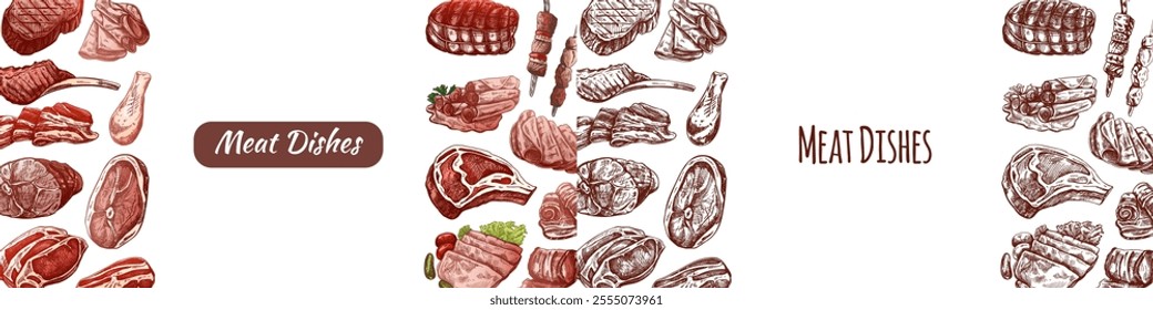 Horizontal illustration of assorted meat cuts with hand-drawn sketches