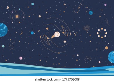 Horizontal Illustration with Astrology and Space concept. Minimalistic objects made in the style of one line. Editable vector illustration.