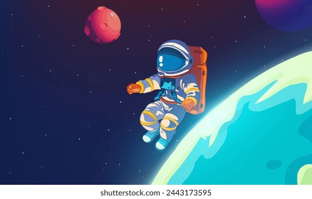 A horizontal illustration of astronauts exploring space with stars and planets in the background
