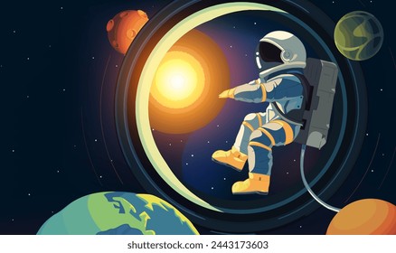 A horizontal illustration of astronauts exploring space with stars and planets in the background