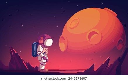 A horizontal illustration of astronauts exploring space with stars and planets in the background 