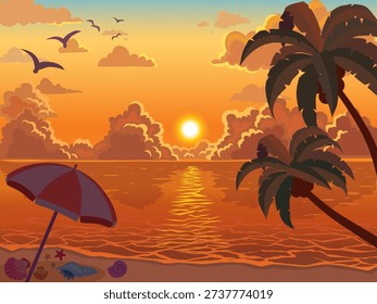 A horizontal illustration of a beach at sunset. It features palm trees on the right, a beach umbrella on the left, and sea shells in the foreground. The sun is reflecting on the calm ocean surface.