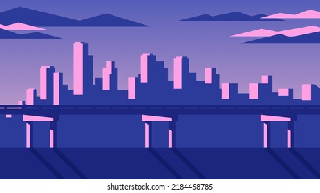 Horizontal illustration of big geometric city. Bridge over the river on metropolis background.