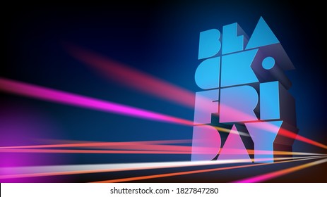 Horizontal illustration for BLACK FRIDAY discounts and sales. Volumetric typography on background of night sky with effect of motion blur. Vector template for banner, shop, discount, flyer, card.