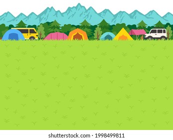 Horizontal illustration of a campsite with a grassy field in the foreground and mountains and forest in the background