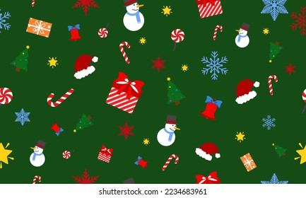 Ilustración horizontal con elementos navideños. En un fondo verde hay regalos de Año Nuevo, dulces, copos de nieve, estrellas doradas, un muñeco de nieve, una gorra. Hermoso patrón de vacaciones para el embalaje