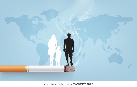 Horizontal illustration of cigarettes and a Family on World Anti-Smoking Day