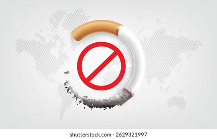 Ilustração horizontal de cigarros e um mapa-múndi no Dia Mundial Antitabagismo