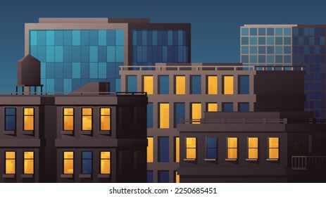 Horizontal illustration of city close up view. Glowing windows in night office building.