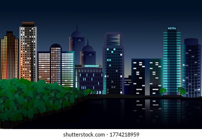 Horizontal illustration of a city. City street. Night City Life Concept. Modern urban landscape. Houses by the river. City Park. Isolated vector illustration.