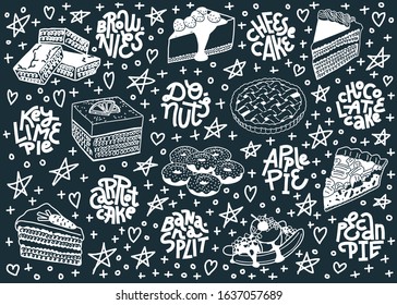 Horizontal illustration with classic american desserts and lettering text. Chalk drawings on blackboard. Abstract doodles background.